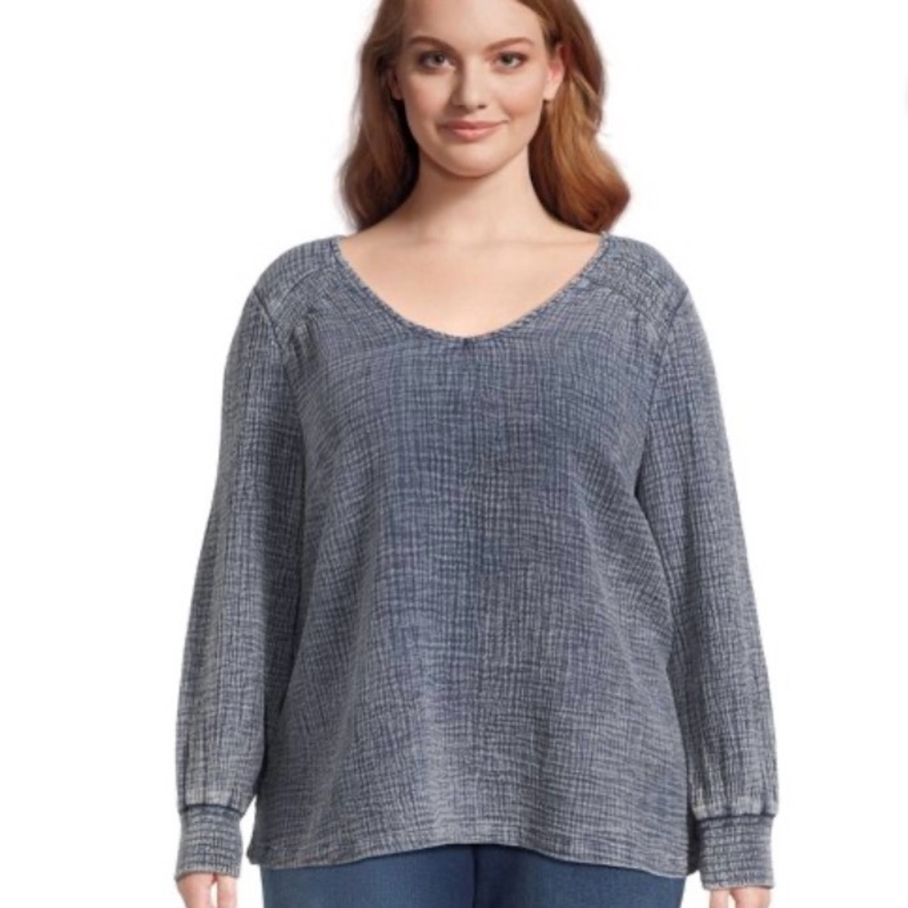 Terra & Sky Textured Gray/Blue Long Sleeve Top 1X